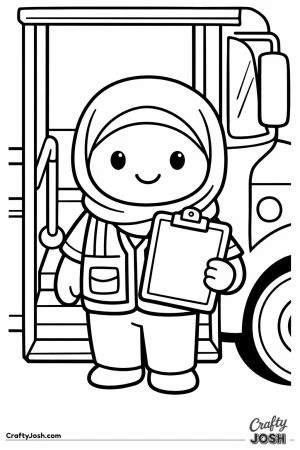 Bus driver in a headscarf standing on the bus step