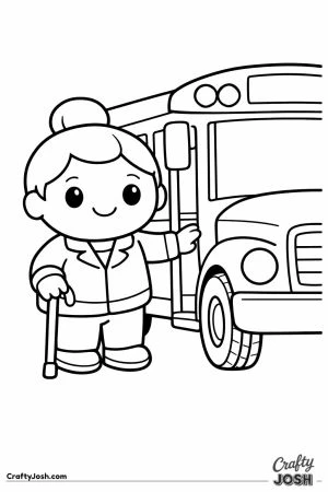 Bus driver with a cane standing beside the front wheel