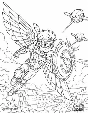 A fearless young superhero flies above a canyon with giant mechanical wings while using a futuristic shield to block incoming drone attacks