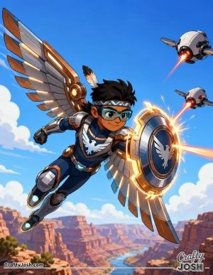 A fearless young superhero flies above a canyon with giant mechanical wings while using a futuristic shield to block incoming drone attacks