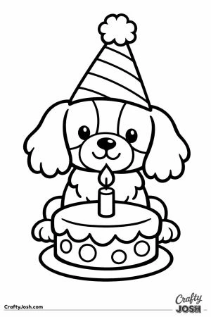 Cavalier at a birthday with a party hat and cake