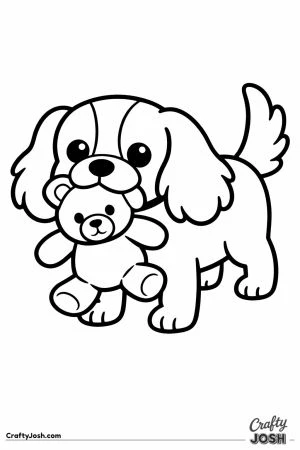 Cavalier carrying a teddy bear in its mouth