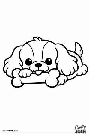 Cavalier puppy chewing a big bone