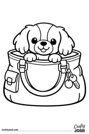 Cavalier puppy sitting inside a handbag