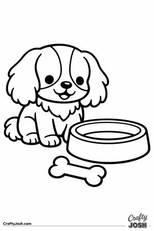 Cavalier sitting beside a big food bowl