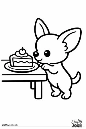 Chihuahua reaching up to sniff a slice of cake