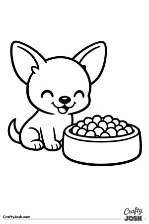 Chihuahua sitting beside a big food bowl