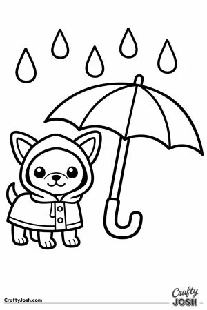 Chihuahua wearing a raincoat beside an umbrella
