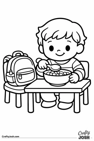 Child eating breakfast with a backpack waiting on the chair