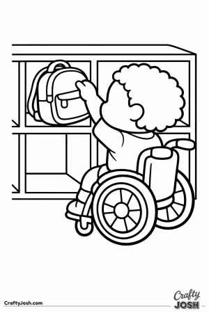 Child in a wheelchair putting a backpack into a cubby