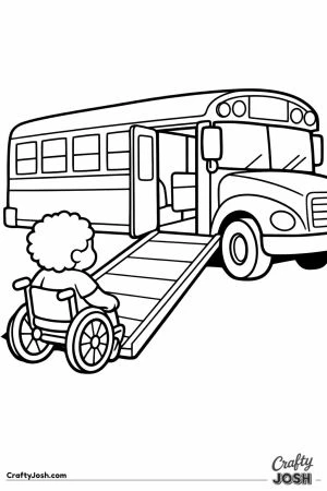 Child in a wheelchair rolling up the school bus ramp