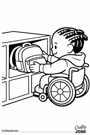 Child in a wheelchair sliding a backpack into the cubby