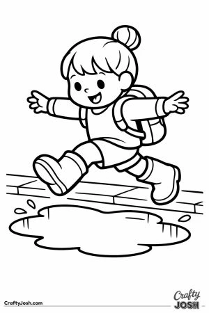 Child in rain boots stepping over a big puddle