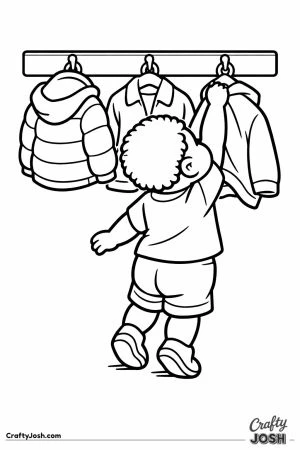 Child reaching up to hang a coat on the hook