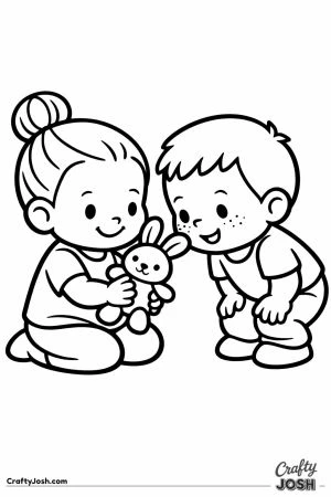 Child showing a toy rabbit to a new friend