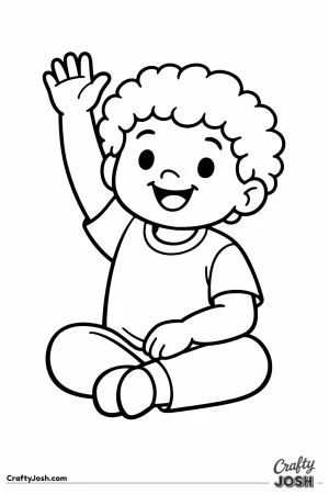 Child sitting on the carpet with one hand raised high