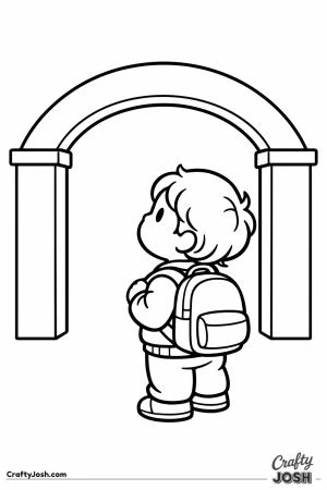 Child standing under the arched school gateway