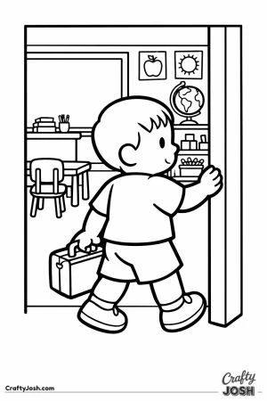 Child stepping through the classroom doorway
