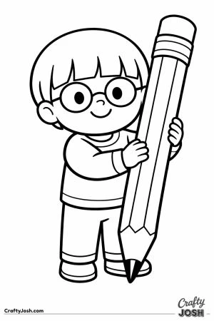 Child with glasses holding a very big pencil