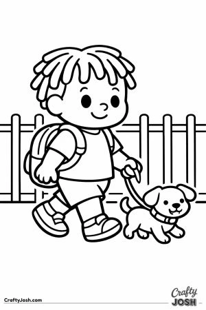 Child with locs walking a dog past the school fence