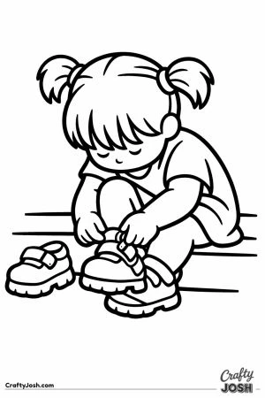 Child with pigtails sitting down to fasten a shoe