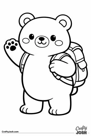 Chubby bear wearing a backpack and waving a paw