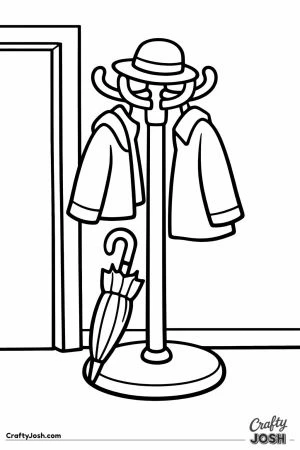 Coat rack by the door with coats and an umbrella