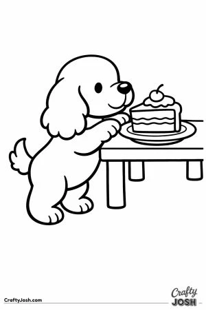 Cocker spaniel reaching up to sniff a slice of cake