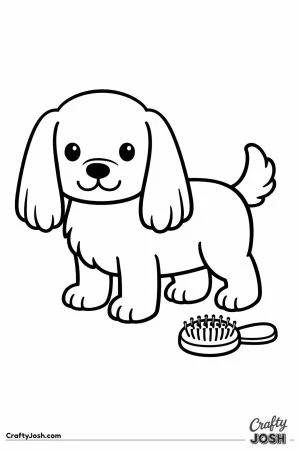 Cocker spaniel standing beside a hairbrush after grooming