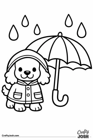 Cocker spaniel wearing a raincoat beside an umbrella