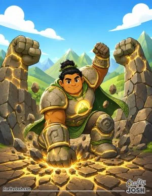 A powerful superhero kneels with one fist on the ground as giant stone walls and two rock fists rise around him in a peaceful mountain valley