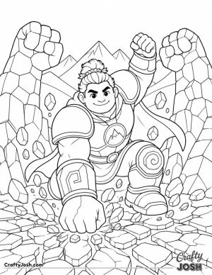A powerful superhero kneels with one fist on the ground as giant stone walls and two rock fists rise around him in a peaceful mountain valley
