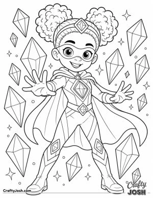 A smiling superhero stands with her hands outstretched while floating crystal diamonds surround her, wearing a gemstone-themed suit, cape, gloves, ..