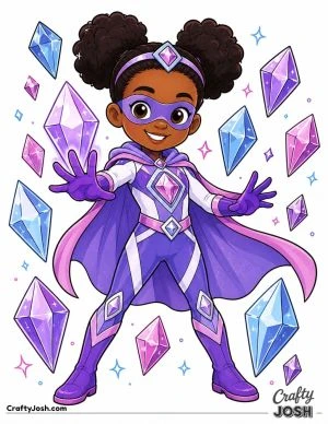 A smiling superhero stands with her hands outstretched while floating crystal diamonds surround her, wearing a gemstone-themed suit, cape, gloves, ..