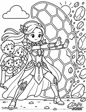 A brave superhero stands in front of frightened families and creates a giant crystal shield to stop flying debris and keep everyone safe.