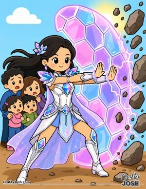 A brave superhero stands in front of frightened families and creates a giant crystal shield to stop flying debris and keep everyone safe.
