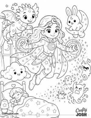 Superhero floats above a cozy bedroom while friendly magical creatures help chase away silly little nightmare monsters with sparkling dream magic