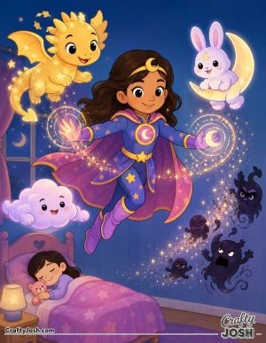 Superhero floats above a cozy bedroom while friendly magical creatures help chase away silly little nightmare monsters with sparkling dream magic