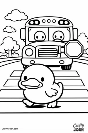 Duck waddling across the road while the bus waits