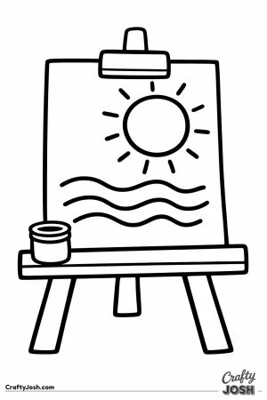Easel holding a childs painting of a sun