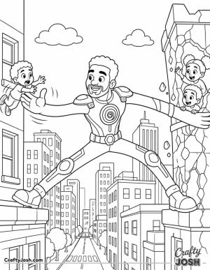 A smiling stretching superhero reaches across city buildings to rescue children while safely supporting a damaged structure