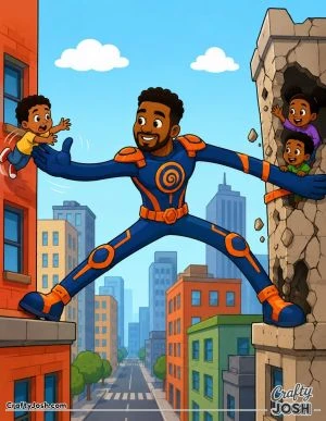 A smiling stretching superhero reaches across city buildings to rescue children while safely supporting a damaged structure