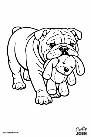 English bulldog carrying a soft toy in its mouth