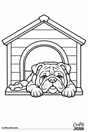 English bulldog lying in a kennel with its head out