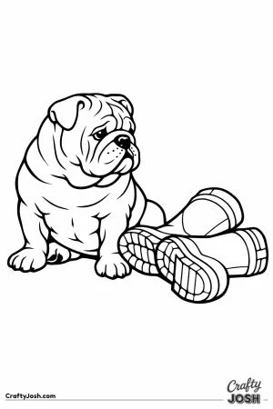English bulldog sitting beside a pair of fallen boots