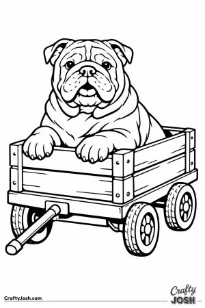 English bulldog sitting in a small wooden cart