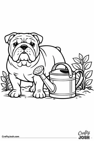 English bulldog standing beside a watering can in the garden