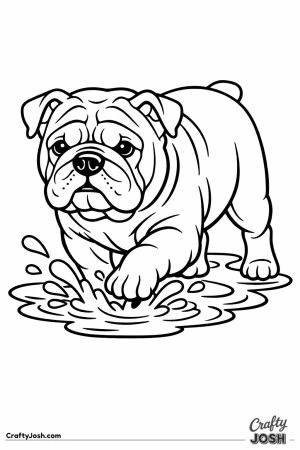English bulldog stepping through a shallow puddle