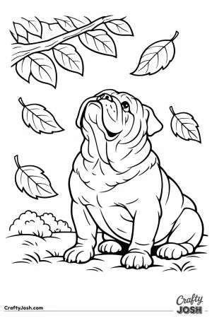 English bulldog watching leaves fall from a tree