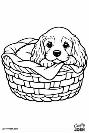 English cocker spaniel puppy in a woven basket